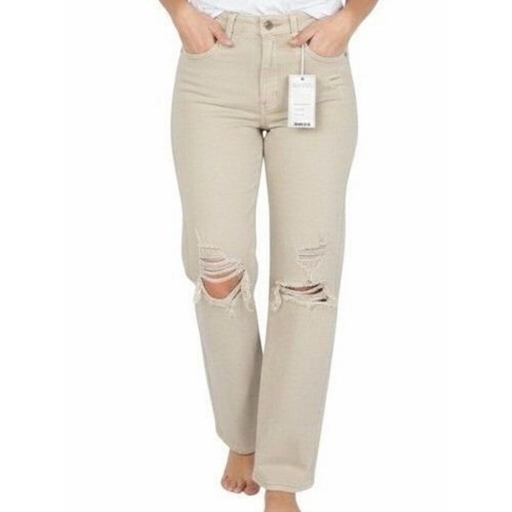 GOGO Beige- grey  Straight-Leg Distressed Women’s Jeans
